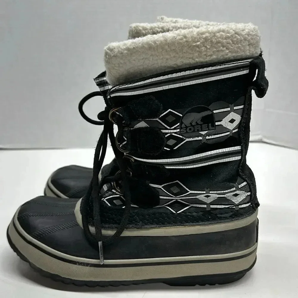 Sorel Pac Boots Snow Winter Sherpa Lined Aztec Geometric Black Women’s Size 5
